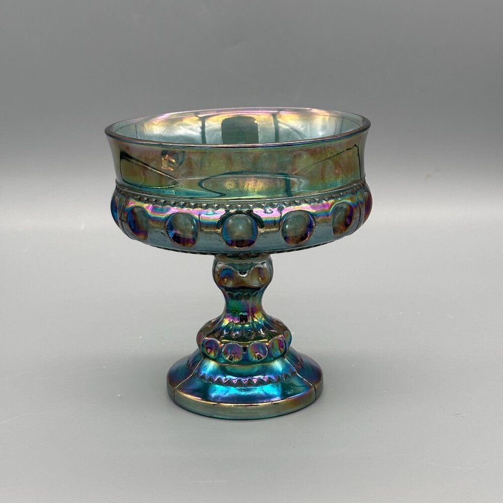 Vintage Indiana Blue Iridescent Carnival Glass Kings Crown Thumbprint Compote